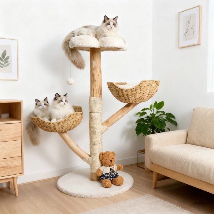 Comparer les prix de Arbre à Chat, Hauteur 111 cm, Tour de Jeu pour Chats avec Panier, Bois Massif, Poteau Griffoir en Sisal, Niche, 3 Plate-Formes
