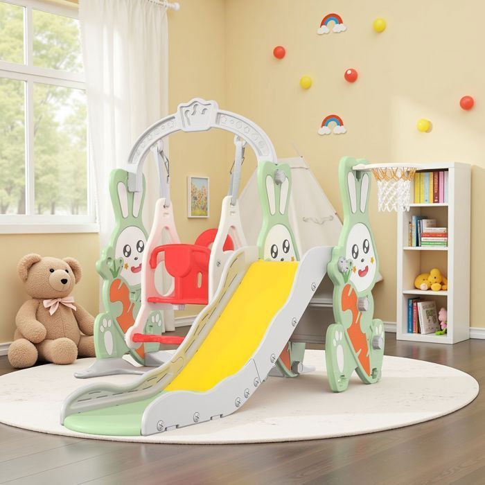 Toboggan Enfant 4 En 1 En Forme De Lapin – Avec Balançoire, Panier De Basket, Pour Intérieur Et Extérieur