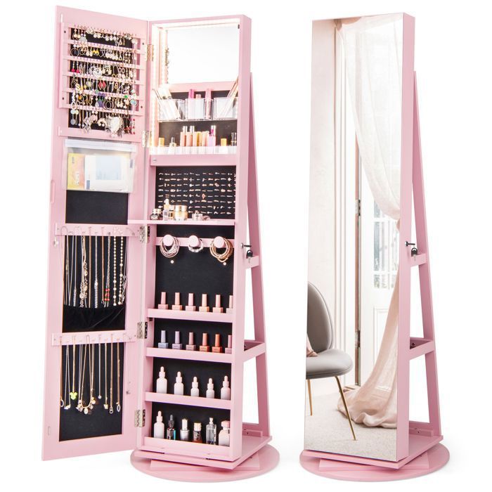 Armoire à Bijoux avec Miroir - RELAX4LIFE - 4 en 1 - Éclairage LED 3 Couleurs - Pivotante à 360°- 3 Étagères de Rangement - Rose