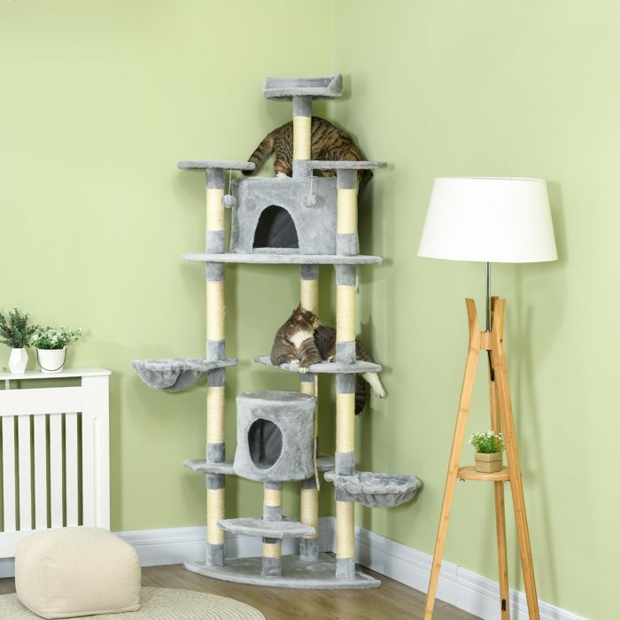 Comparer les prix de Arbre à chat XXL arbre à grimper pour chat multi-équipements griffoirs 6 plate-formes 2 niches hauteur 200 cm gris
