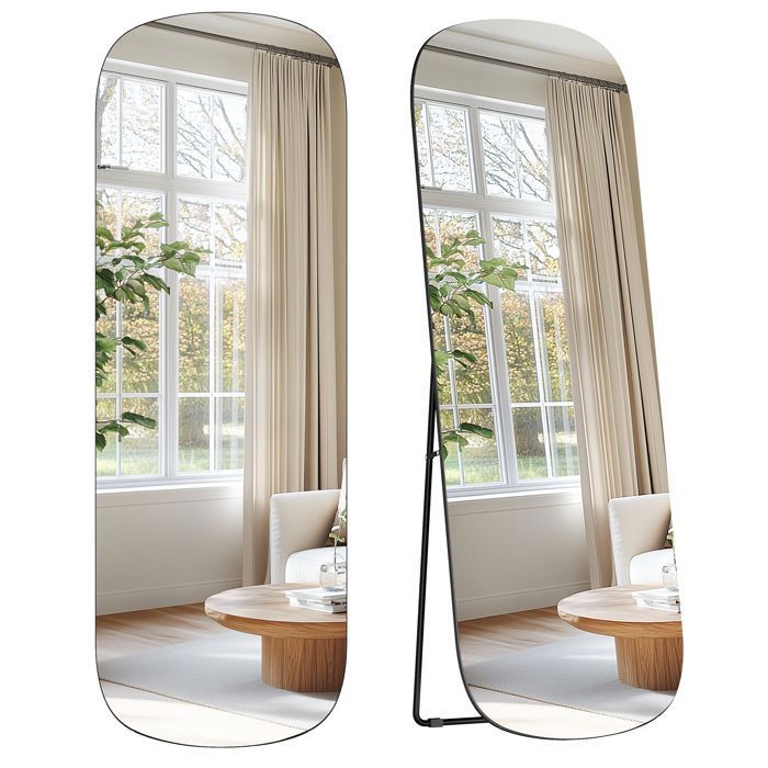 SONGMICS Miroir sur Pied Pleine Longueur 160 x 50 cm avec Coins Arrondis en Verre de Qualité Cadre en Aluminium Noir dEncre