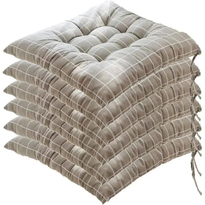 Coussin de chaise carré 40x40 cm épais en tissu coton lin rembourrage perle de coton élastique avec liens 6 pcs