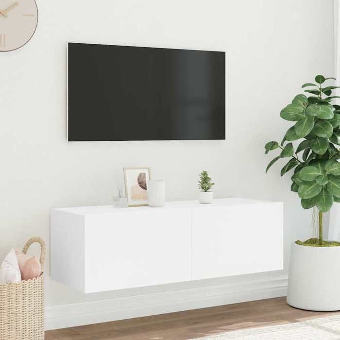 NEUF Armoire TV - Blanc - Meuble TV/HIFI - Montage mural - avec lumières LED - blanc 100x35x31 cm TT2429