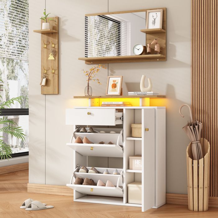 Meuble dEntrée 3 Pièces avec Miroir Porte-Manteau 4 Crochets Armoire à Chaussures LED avec Rangement - Bois Naturel et Blanc