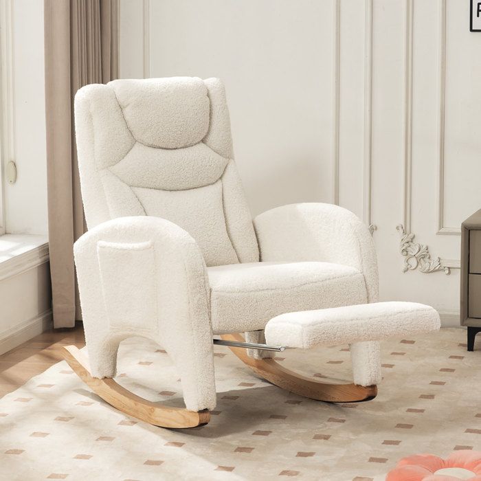 Rocking chair. Fauteuil à bascule. fauteuil relax rembourré avec repose-pieds. salon. tissu Teddy. charge 110 kg. blanc