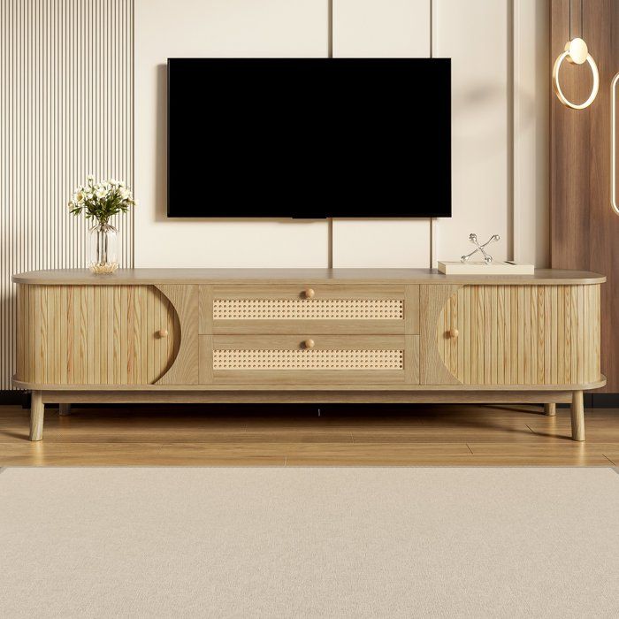 Meuble TV en bois Support TV avec 2 Tiroirs en Rotin Plateau Arrondi Banc TV Salon de Rangement 170 x 39.5 x46 cm