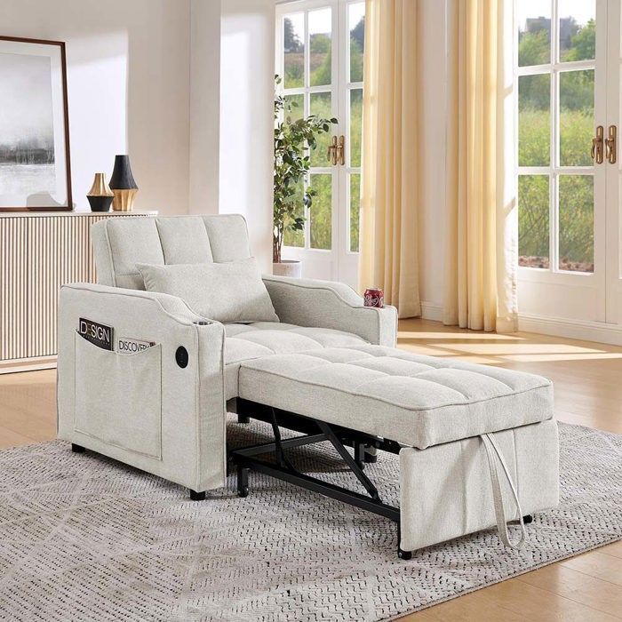 Canapé-lit 3-en-1 - 3-en-1 - 1 place - Port USB intégré - Convertible coulissant beige