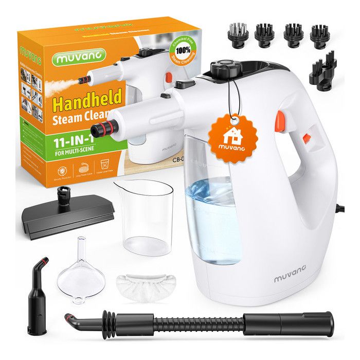 MUVANO Nettoyeur Vapeur à Main 1200W 450ml 11-en-1 135°C Haute Pression Nettoyage Écolo Sols Vitres Canapés & Défroisseur Blanc - Muvano