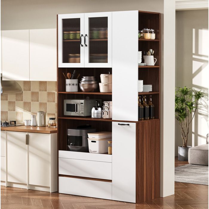 HOMVRA Buffet haut 100x40x200 cm buffet salon avec étagères coulissantes et rangement multifonctionnel blanc et noyer
