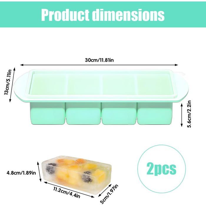 Bac de congélation en silicone - Belle commode - Lot de 2 - 4 compartiments par bac - Capacité totale 1000 ml