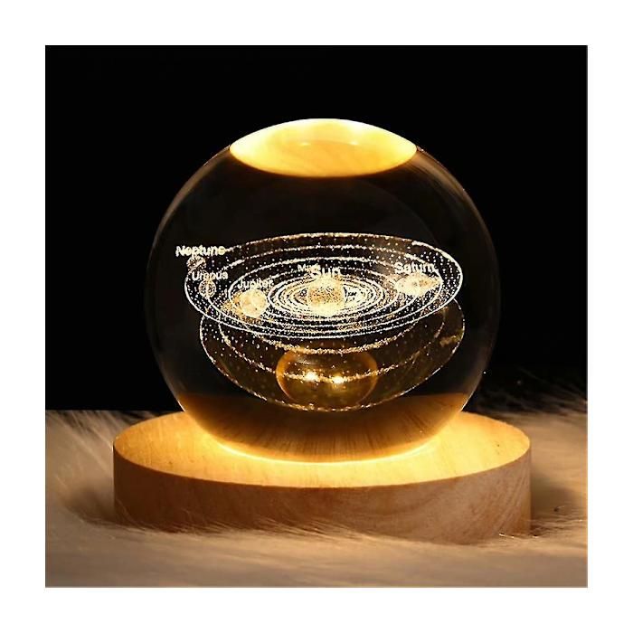 Veilleuse Boule de Cristal 3D Système Solaire - Lampe de Chevet Gravée Laser avec Socle - Idée Cadeau