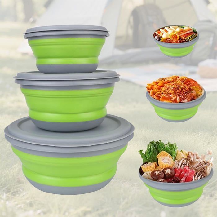 Bol pliable avec couvercle - 3 pièces - set de camping pliable - saladier portable pliable et bassine à vaisselle - cuisine de campi
