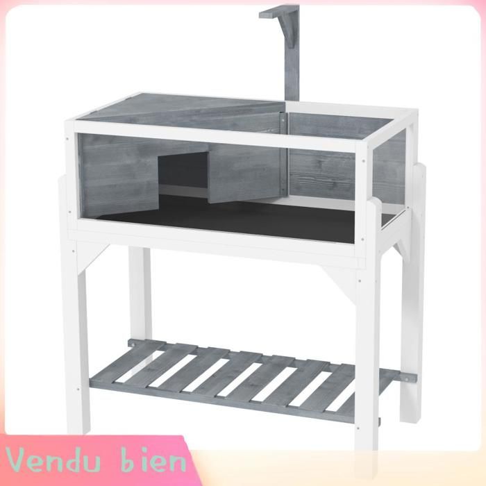 LIA Maison pour tortues terrarium tortue terrestre sur pieds 2 zones toit ouvrant zone interactive 84 5 x 47 5 x 90 cm gris