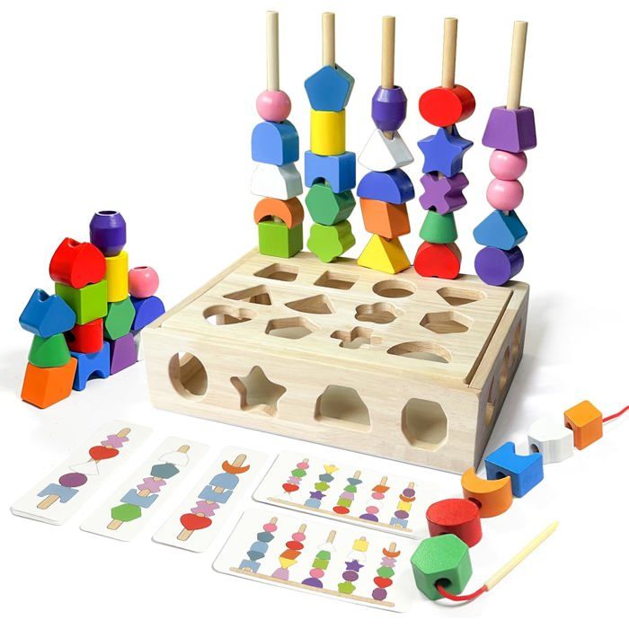 Jeux Montessori 2 3 4 Ans Jouet Enfant 2 en 1 Pédagogique Empilable Jouet y Assortis aux Formes Jouets Enfiler Perles