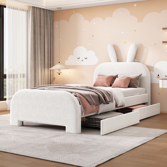 Lit enfant avec tiroirs - 90x200 cm - Forme de lapin - Deux tiroirs - Blanc - Peluche et MDF - Softbag tête de lit