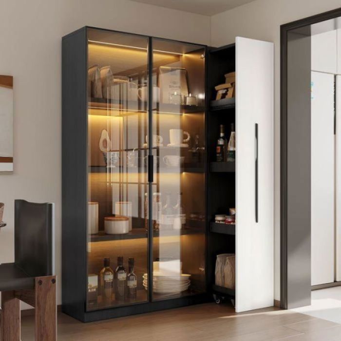 Vitrine pour salon et chambre 1105x35x160 cm MDF 2 en 1 étagère coulissante LED et verre de sécurité