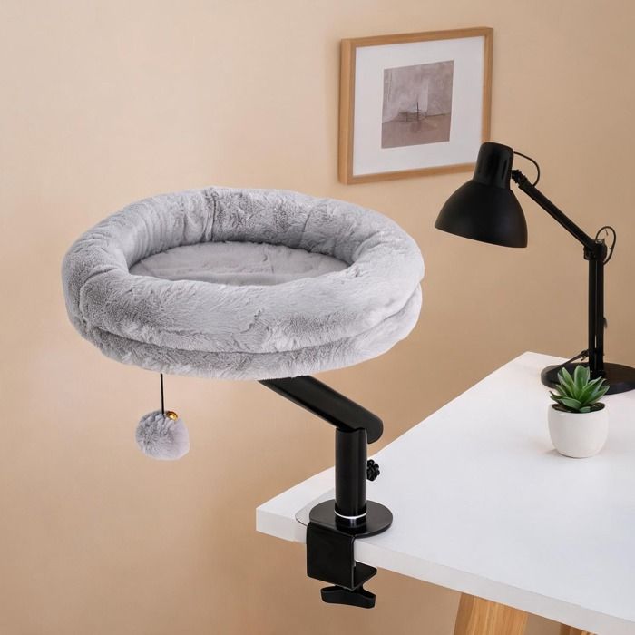 Lit de bureau rond en polyester gris neutre pour chat pivotant à 360° et réglable en hauteur lavable en machine