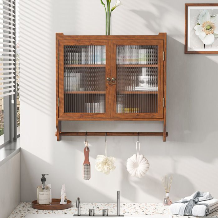 Armoire Murale 2 Portes Vitrées avec 3 Niveaux et Porte-Serviettes - BEAUNIV - Vintage pour Salle de Bain Marron 63×18×60 cm