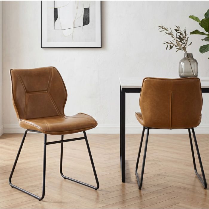 ROVRYN Lot de 2 chaises de salle a manger rembourrees 47 x 60 x 81 cm simili cuir marron cognac metal noir
