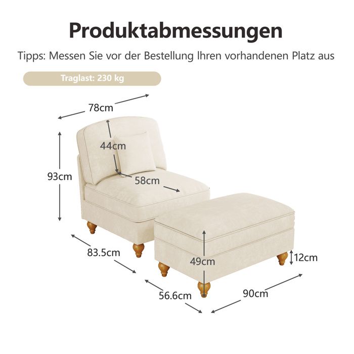 Fauteuil lounge 1 place en chenille blanc avec repose-pieds mobile jupe amovible et coussin style classique ORVRYN