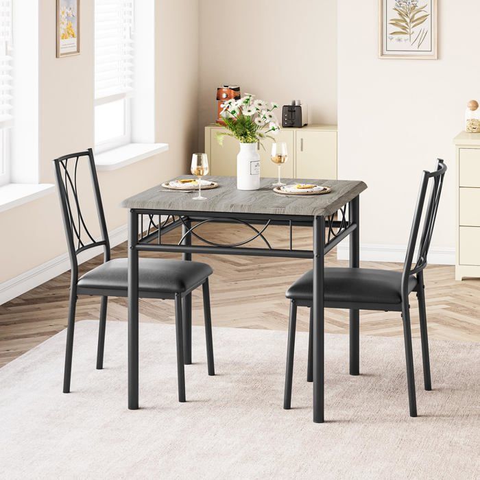 Ensemble 3 pièces table carrée grise 2 chaises métal/bois studio
