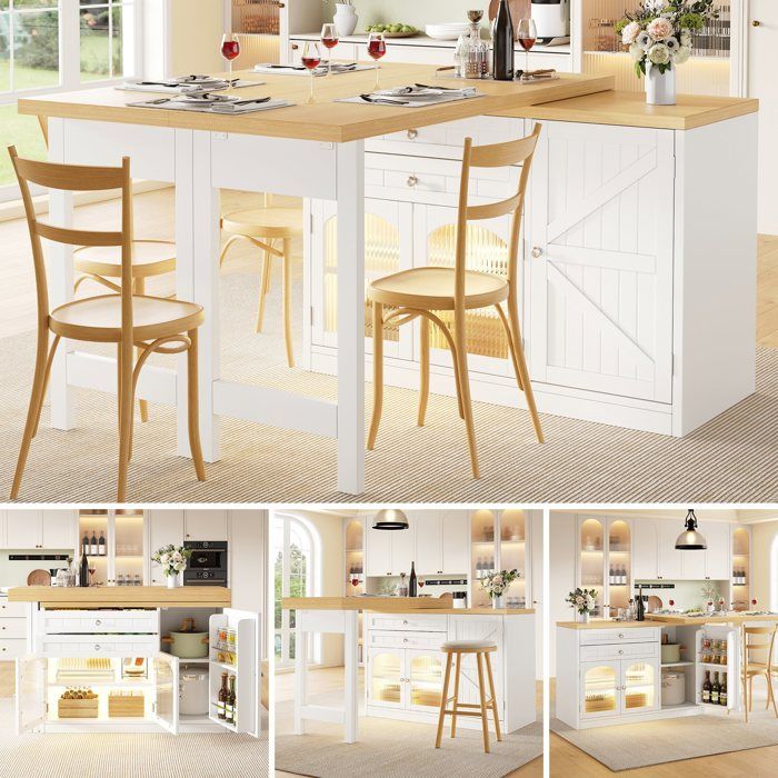 Îlot de cuisine extensible avec table à manger (120–194 cm) plateau pivotant à 360° tiroirs et étagères de rangement.Blanc