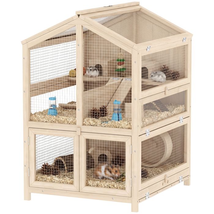 Confort et espace cage pour rongeurs en bois 3 étages avec rampes et cloison flexible pour souris et rats