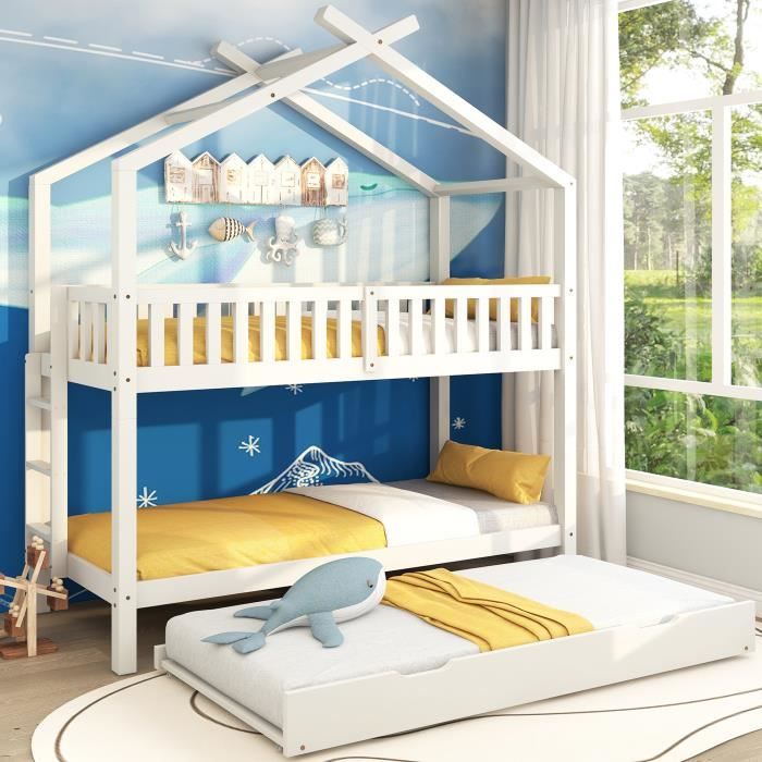 lit cabane enfant, lit jeunesse, 90x200cm, trois lits, extensible, design peu encombrant, blanc