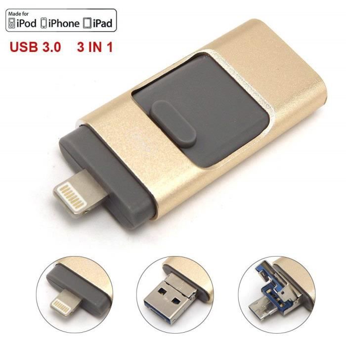 Clé USB 3.0 Tipmant compatible pour iPhone iPad iOS Lightning téléphone  portable Android et PC Memory Stick OTG - Or (64 Go)
