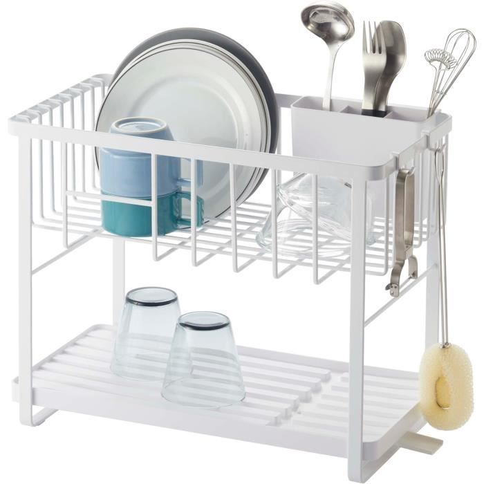Étagère De Cuisine 2 Étages Extensible Réglable - Acier Carbone Avec Tiroir Et Crochets - Blanc