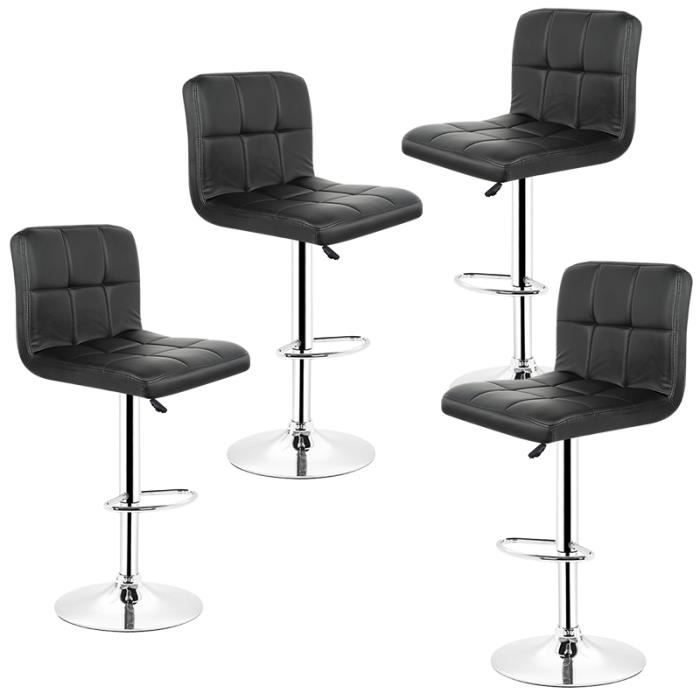 Lot de 4 Tabourets de Bar Noirs en Simili Cuir - Hauteur Réglable - Dossier Carré pour Soutien Lombaire