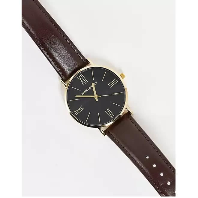 ASOS DESIGN UNRVLLD SPPLY Montre classique bracelet en cuir Marron Achat vente montre Cuir Cdiscount