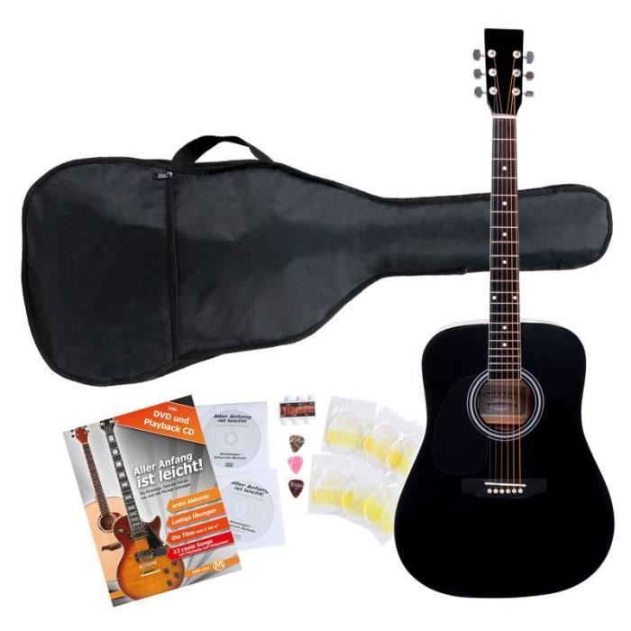 Classic Cantabile guitare acoustique folk gaucher set démarrage, kit d'accessoires à 5 pièces, noir