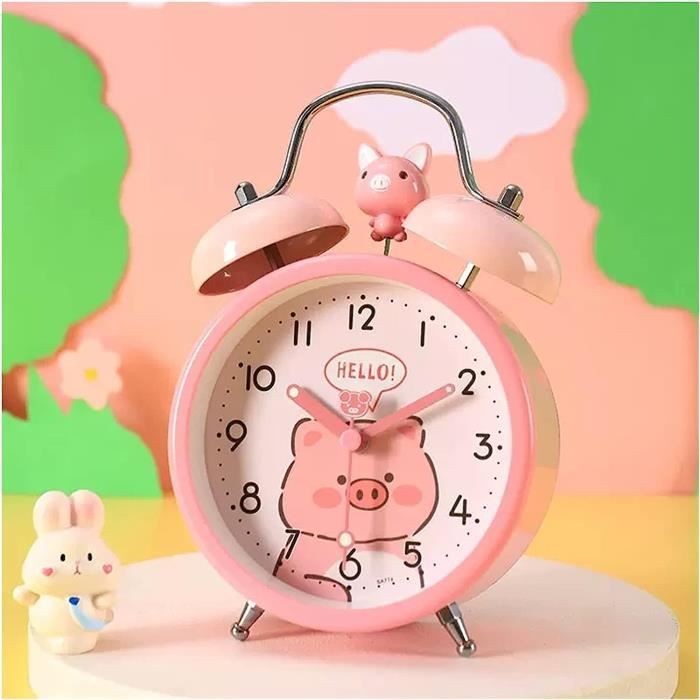 Réveil Analogique Double Cloche Vintage Silencieux Avec Veilleuse - Rose 15x11.5cm