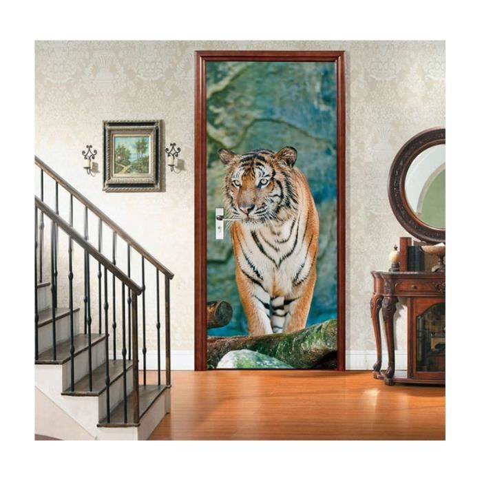 A.Monamour Sticker Porte Autocollant Poster De Porte 3D Tigre sur Fond Noir Vinyle Affiche De Porte Sticker Mural Papier Peint Art Décor 77 x 200 cm