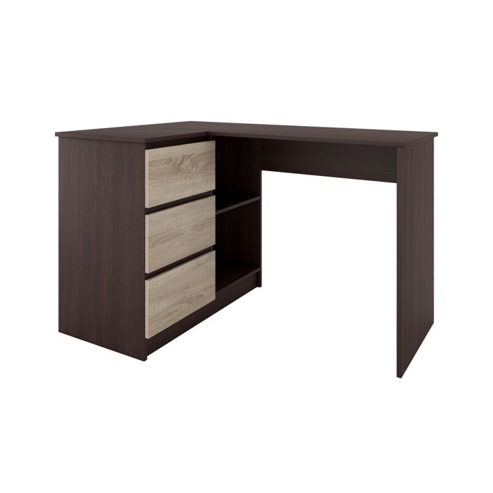 SUNDAR | Bureau informatique d'angle moderne 124x85x77 | 3 tiroirs + 2 grandes niches | Table ordinateur multi-rangements | Wenge-So
