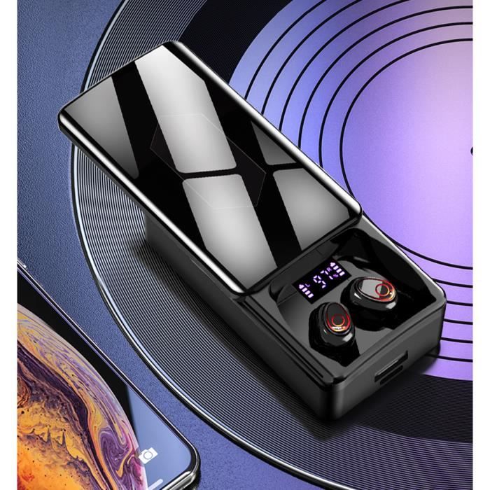 Écouteurs Bluetooth 5.1 TWS, oreillettes étanches sans Fil aver double micro IPX7 Écran numérique Batterie de 10000 mAh - Noir