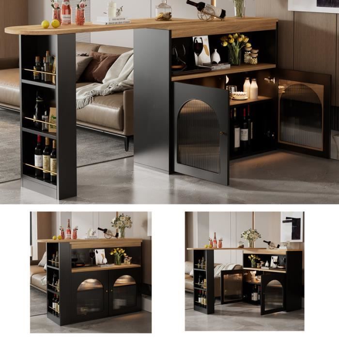 table de bar extensible 138-193 cm, table haute de bistrot, pivotante avec bande lumineuse led, avec espace de rangement, noir