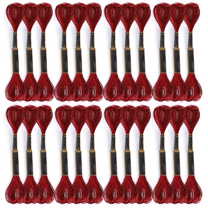 Fil de broderie 24Pcs Fil de Point de Croix Fil Tressé Brillant à Broder Rouge Fils Faits à Main