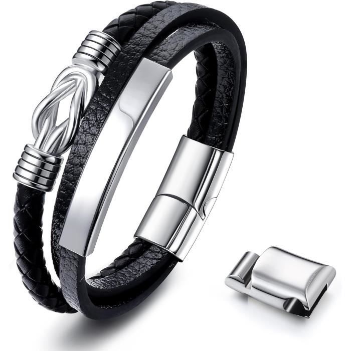 Bracelet en cuir tressé avec 2 circonférences plaquées argent | France