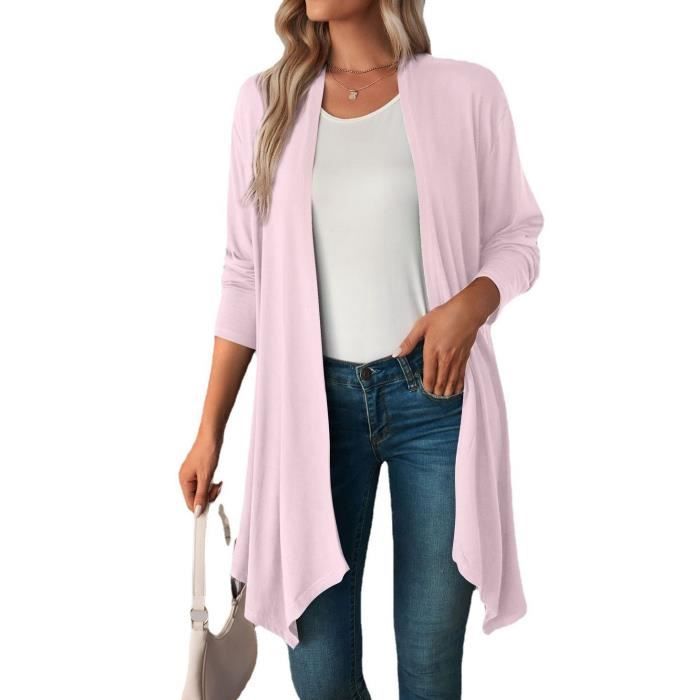 Gilet Femme en Tricot Cardigan Mi-longue Couleur Unie Manches