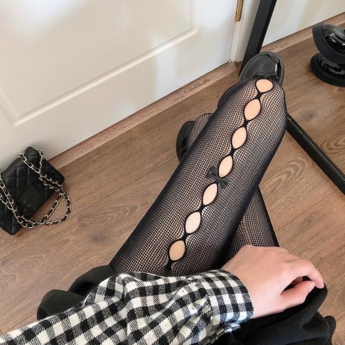 Collant Collants en dentelle avec n ud papillon ajoure bas en soie resille noir et blanc pour femme ete automne Black A7567 Blanc Cdiscount Chaussures