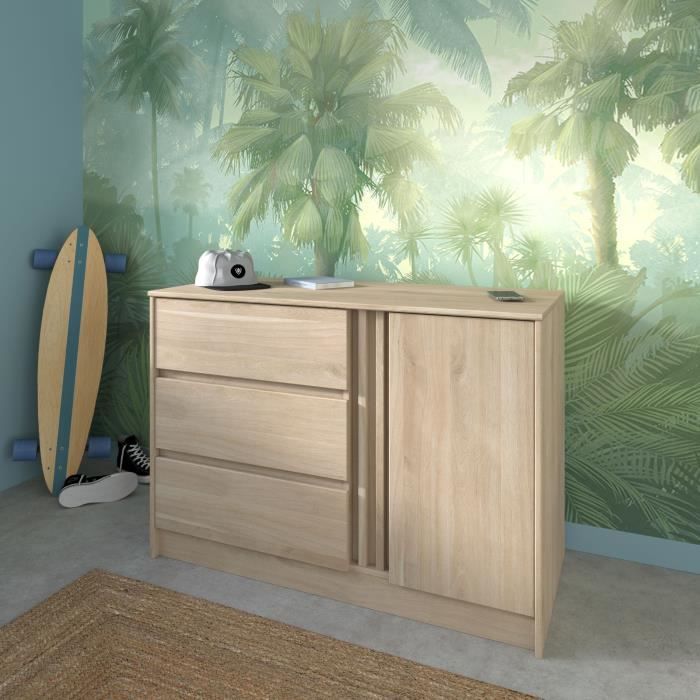 Commode ESCALE - 3 tiroirs - 1 porte - Décor chêne - L 109,8 x H 76,8 x P 50 cm