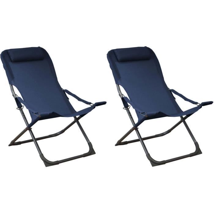 Chaise pliante relax en acier et toile Easy (Lot de 2) Graphite et Bleu 83 x 64 x 88 cm
