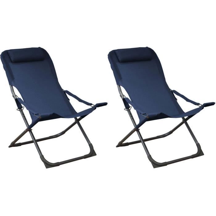 Chaise pliante relax en acier et toile Easy (Lot de 2) Graphite et Bleu