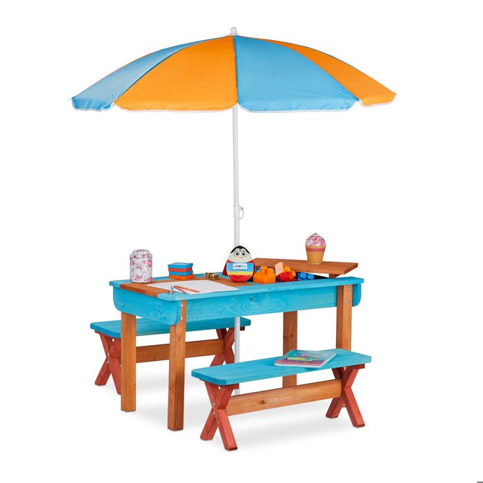 Relaxdays Ensemble chaise et table de jeux enfant jardin en bois table 2 bancs et parasol meuble extérieur coloré