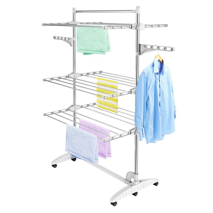 Etendoir à Linge Etendage à Linge 3 étagères Blanc avec ailes et barre supérieure Matériau: Tubes en acier inoxydable Etendoir à Linge Etendage à Linge 3 étagères Blanc avec ailes et barre supérieure Matériau: Tubes en acier inoxydable