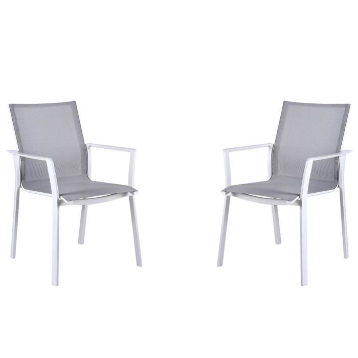 lot de 2 fauteuils de jardin empilables en aluminium et textilène - gris et blanc - manaus
