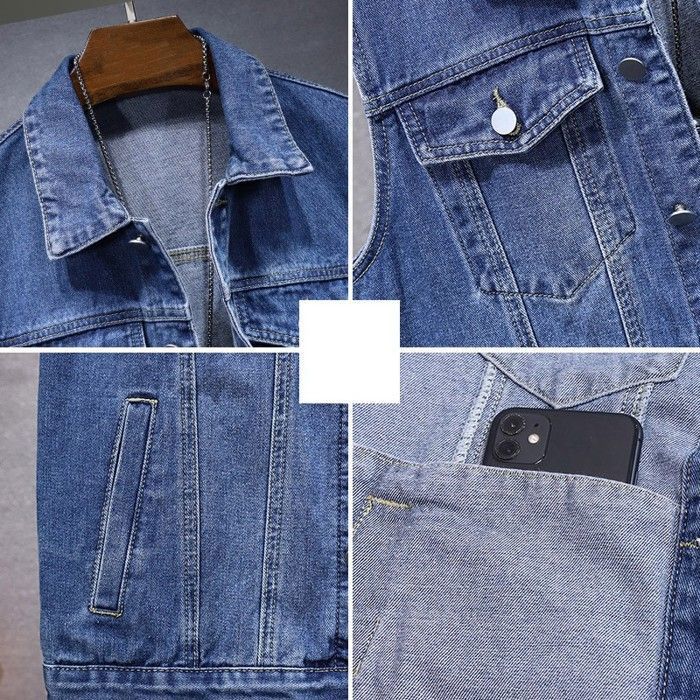 Gilet en jean Homme Slim Col chemise Sans manche Effect blanchi Casual Noir