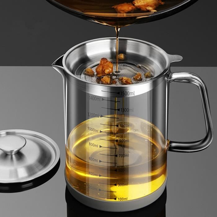 1.5L - Pot de filtre à huile en verre transparent avec échelle,  Séparateur'huile de cuisine, Stockage précieu